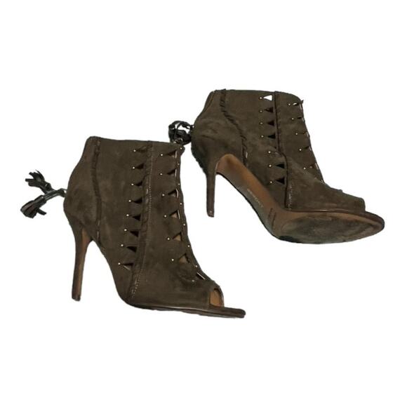 Report Olive Green Cutouts Brads Moto Heels Size 9 Cowboy Western Fringe Biker - Picture 2 of 6